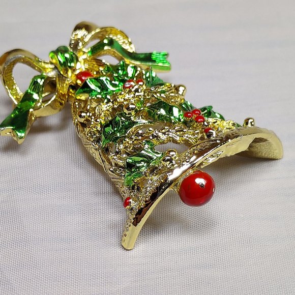 Christmas Holiday Rhinestone Gold Dangler Bell Brooch Sparkler Pin Red Green - Picture 3 of 7